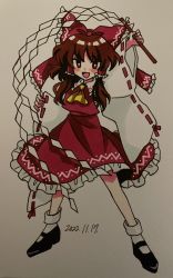 Rule 34 | 1girl, :d, arm up, ascot, black footwear, blush, bobby socks, brown eyes, brown hair, commentary, dated, detached sleeves, frilled skirt, frills, full body, furiba 794, gohei, hair tubes, hakurei reimu, highres, long hair, looking at viewer, mary janes, open mouth, outstretched arm, photo (medium), red skirt, red vest, shide, shoes, skirt, skirt set, smile, socks, solo, touhou, vest, white socks, wide sleeves, yellow ascot