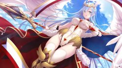 Rule 34 | 1girl, angel, angel wings, armored boots, blue hair, blue sky, boots, braid, breasts, cameltoe, cape, cloud, day, diadem, earrings, feathered wings, floating hair, french braid, from below, game cg, green eyes, hair between eyes, highleg, highleg leotard, highres, holding, holding polearm, holding weapon, jewelry, large breasts, leotard, long hair, looking at viewer, mavislaine (tenmei no conquista), open mouth, outdoors, polearm, red cape, sky, solo, sunlight, tenmei no conquista, thighhighs, thighs, very long hair, waist cape, weapon, white leotard, white thighhighs, white wings, wings