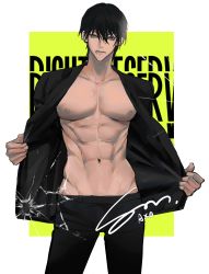 Rule 34 | 1boy, abs, bags under eyes, black hair, black pants, black shirt, bullet hole, cowboy shot, crack, fourth wall, fushiguro touji, groin, hair between eyes, highres, jujutsu kaisen, looking at viewer, male focus, muscular, muscular male, navel, nipples, open clothes, open shirt, pants, pectorals, scar, scar on face, scar on mouth, shallow kill, shirt, short hair, signature, solo, white background