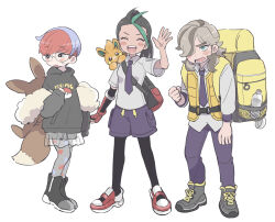 Rule 34 | 1boy, 2girls, 50yen (gojiue), :d, arven (pokemon), backpack, bag, black pantyhose, boots, bottle, brown bag, collared shirt, commentary request, creatures (company), game freak, glasses, hand up, hood, hoodie, long hair, long sleeves, multicolored hair, multiple girls, necktie, nemona (pokemon), nintendo, open clothes, open mouth, open vest, pants, pantyhose, pawmi, penny (pokemon), pokemon, pokemon (creature), pokemon sv, ponytail, round eyewear, school uniform, see-through, see-through skirt, shirt, shoes, short hair, short sleeves, shorts, shorts under skirt, skirt, smile, standing, two-tone hair, vest, water bottle, yellow bag
