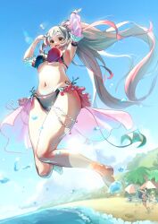 Rule 34 | 5girls, beach chair, beach umbrella, bikini, bikini skirt, black bikini, black hair, blue sky, blunt bangs, bracelet, breasts, brown eyes, cloud, commentary request, day, demon girl, demon tail, detached sleeves, full body, gausuke, glint, gradient hair, grey hair, high ponytail, highres, honey strap, indie virtual youtuber, jewelry, jumping, large breasts, long hair, looking at viewer, medium bangs, multicolored hair, multiple girls, nanashi inc., navel, ocean, open mouth, outdoors, palm tree, pink hair, pink skirt, pink sleeves, saionji mary, sekishiro mico, shimamura charlotte, single detached sleeve, skirt, sky, smile, solo focus, sougetsu eli, suou patra, swimsuit, tail, thigh beads, tree, umbrella, virtual youtuber, water, water drop, waves