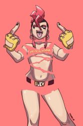 Rule 34 | 1girl, black eyes, breasts, commentary, contrapposto, earlobes, english commentary, facepaint, fingerless gloves, gloves, highres, long earlobes, middle finger, mohawk, multicolored hair, navel, open mouth, original, piercing, pink background, red eyes, red hair, ryan jampole, sidelocks, signature, small breasts, smile, solo, tongue, tongue out, tongue piercing, two-tone hair