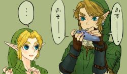 Rule 34 | ..., 2boys, :d, aged down, bad id, bad pixiv id, blonde hair, blue eyes, earrings, fingerless gloves, gloves, hat, height difference, instrument, jewelry, link, looking at another, looking to the side, looking up, male focus, multiple boys, multiple persona, music, nintendo, ocarina, open mouth, playing instrument, pointy ears, simple background, smile, speech bubble, spoken ellipsis, talking, the legend of zelda, the legend of zelda: ocarina of time, the legend of zelda: twilight princess, tobacco (tabakokobata)