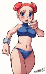 Rule 34 | 1girl, artist name, bare shoulders, bikini, blue bikini, blue eyes, blush, breasts, clenched hand, collarbone, cowboy shot, creatures (company), dated, double bun, eyelashes, forehead, game freak, hair bun, half-closed eyes, hand up, highres, hip focus, looking at viewer, medium breasts, namenloose, navel, nintendo, nose, npc trainer, open mouth, pink hair, pokemon, pokemon rse, short hair, simple background, solo, sports bikini, sweat, swimsuit, taut bikini, taut clothes, teeth, thighs, thumbs up, toned, tongue, triathlete (pokemon), turtleneck, white background, wristband