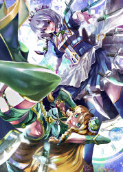 Rule 34 | 2girls, action, adapted costume, apron, armpits, arms behind head, blue dress, blue thighhighs, braid, chinese clothes, clock, colored eyelashes, dress, elbow gloves, faux traditional media, fuyunotete, gloves, green eyes, green gloves, green legwear, green shirt, hair ribbon, hat, highres, hong meiling, izayoi sakuya, knife, long hair, maid apron, maid headdress, midriff, mini hat, multiple girls, obi, open mouth, orange hair, puffy short sleeves, puffy sleeves, red eyes, red hair, ribbon, sash, serious, shirt, short hair, short sleeves, side slit, silver hair, sleeveless, sleeveless shirt, thighhighs, throwing knife, touhou, tress ribbon, twin braids, upside-down, weapon, zettai ryouiki