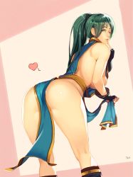 Rule 34 | 1girl, adapted costume, ass, back, bad id, bad pixiv id, bare arms, bare shoulders, breasts, convenient arm, curvy, female focus, finger to mouth, fingerless gloves, fire emblem, fire emblem: the blazing blade, gloves, green eyes, green hair, heart, hip focus, large breasts, leaning forward, long hair, looking at viewer, looking back, lyn (fire emblem), nintendo, ochrejelly, one eye closed, parted lips, pelvic curtain, pinup (style), ponytail, sideboob, smile, solo, standing, thighs, wink