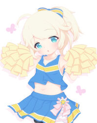 Rule 34 | 1girl, :o, ahoge, animal print, belly, blonde hair, blue shirt, blue skirt, blush, bow, butterfly print, cheerleader, collarbone, commentary, flat chest, green eyes, hair bow, hands up, highres, holding, holding pom poms, hosizora mikoto, idolmaster, idolmaster cinderella girls, idolmaster cinderella girls u149, looking at viewer, medium hair, messy hair, navel, pink background, pink bow, pleated skirt, plump, pom pom (cheerleading), pom poms, ponytail, shirt, sidelocks, skirt, solo, star ornament, tank top, yusa kozue