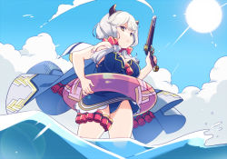 Rule 34 | &gt;:(, 10s, 1girl, bare arms, blue one-piece swimsuit, blue sky, breasts, cleavage, closed mouth, cloud, day, draph, dynamite, explosive, from below, frown, granblue fantasy, gun, handgun, holding, holding gun, holding weapon, horns, innertube, kumuyu, large breasts, long hair, low twintails, ocean, one-piece swimsuit, outdoors, scrunchie, silver hair, sky, solo, sun, swim ring, swimsuit, thigh strap, twintails, v-shaped eyebrows, wading, water, weapon, yellow eyes, yoru (0046)