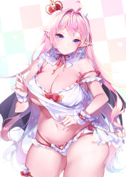 Rule 34 | 1girl, blue eyes, breasts, cleavage, crown, demon girl, heart, heart-shaped pupils, highres, horns, kanola u, large breasts, lifted by self, lingerie, long hair, looking at viewer, midriff, mini crown, negligee, nightgown, original, panties, pink hair, pointy ears, skindentation, smile, solo, demon girl, symbol-shaped pupils, tilted headwear, underwear, underwear only