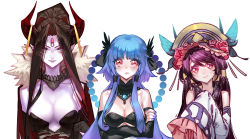 Rule 34 | 3girls, black hair, blue hair, breasts, cleavage, colored skin, covering privates, covering breasts, dan fei, demon girl, forehead jewel, fur trim, green eyes, hair ornament, horns, large breasts, lie mei (thunderbolt fantasy), lilin99jh, long hair, looking at viewer, medium breasts, multiple girls, nail polish, pink eyes, pointy ears, purple skin, thunderbolt fantasy, white background, xing hai
