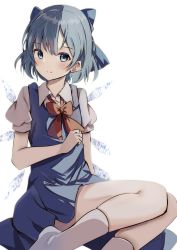 Rule 34 | 1girl, bad id, bad pixiv id, blouse, blue bow, blue dress, blue eyes, blue hair, blush, bow, bowtie, cirno, closed mouth, collared shirt, commentary request, dress, fairy, grey shirt, grey socks, hair between eyes, hand up, highres, ice, ice wings, looking at viewer, natsume suzuri, no shoes, puffy short sleeves, puffy sleeves, red bow, red bowtie, shirt, short hair, short sleeves, simple background, sitting, smile, socks, solo, thighs, touhou, white background, wings