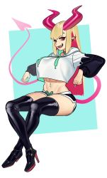 Rule 34 | 1girl, absurdres, aqua background, bad id, bad twitter id, black footwear, black shorts, black thighhighs, blonde hair, breasts, commission, crop top, crop top overhang, cropped hoodie, demon girl, demon tail, drawstring, earrings, full body, high heels, highres, hood, hoodie, horns, invisible chair, jewelry, large breasts, long hair, long sleeves, looking at viewer, midriff, multicolored hair, nia (nia4294), open mouth, original, pink eyes, pink hair, pink horns, pink tail, pointy ears, puffy long sleeves, puffy sleeves, shadow, shorts, sitting, smile, solo, tail, thighhighs, two-tone hair