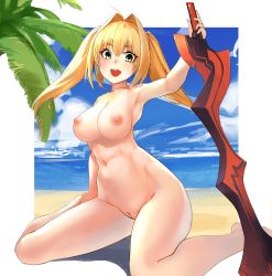 Rule 34 | 1girl, :d, absurdres, aestus estus, ahoge, barefoot, beach, blonde hair, blue sky, blush, border, breasts, cleft of venus, cloud, day, earrings, fate/grand order, fate (series), female focus, green eyes, hair intakes, highres, horizon, jewelry, large breasts, long hair, looking at viewer, navel, nero claudius (fate), nero claudius (fate) (all), nero claudius (fate/extra), nero claudius (swimsuit caster) (fate), nipples, nude, open mouth, outdoors, outside border, palm tree, pussy, sawatari kazuma, sitting, sky, smile, solo, sword, third-party edit, tree, twintails, uncensored, wariza, weapon