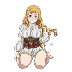Rule 34 | 1girl, absurdres, aldwelter, barefoot, black clover, breasts, earrings, full body, green eyes, hand in own hair, highres, jewelry, kneeling, large breasts, long hair, long sleeves, looking at viewer, mimosa vermillion, simple background, smile, solo, tagme, white background