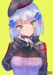 Rule 34 | 1girl, alternate hairstyle, artist name, bad id, bad pixiv id, beret, facial mark, girls&#039; frontline, gloves, green eyes, hair ornament, hat, highres, hk416 (girls&#039; frontline), long sleeves, looking at viewer, short hair, silver hair, simple background, solo, upper body, xanax025, yellow background