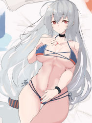 Rule 34 | 1girl, ahoge, alternate costume, arknights, asususususu, bare shoulders, bikini, black choker, blue bikini, breasts, breasts apart, choker, colored eyelashes, commentary request, cowboy shot, cross-laced bikini, cross-laced clothes, expressionless, frown, hair between eyes, halterneck, hand on own chest, hand on own crotch, highres, large breasts, legs together, long hair, looking at viewer, low-tied long hair, lying, micro bikini, multi-strapped bikini, nail polish, on back, on bed, red eyes, red nails, side-tie bikini bottom, sidelocks, silver hair, skadi (arknights), skindentation, solo, stomach, swimsuit, thighs, very long hair, wide hips