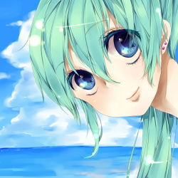 Rule 34 | 1girl, 2743haebaru, bad id, bad pixiv id, blue eyes, cloud, day, earrings, eyelashes, eyes visible through hair, face, from side, green hair, hair between eyes, hatsune miku, jewelry, outdoors, sky, solo, stud earrings, vocaloid, water