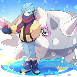Rule 34 | 1boy, blue eyes, blue footwear, blue hair, blue mittens, boots, cetitan, commentary request, creatures (company), full body, game freak, grusha (pokemon), hand in pocket, haru (haruxxe), highres, holding, holding poke ball, jacket, long hair, long sleeves, male focus, mittens, nintendo, pants, poke ball, poke ball (basic), pokemon, pokemon (creature), pokemon sv, scarf, scarf over mouth, standing, yellow jacket