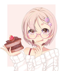 Rule 34 | 1girl, :q, bad id, bad pixiv id, blonde hair, blush, bra strap, cake, chocolate, chocolate cake, food, food on face, glasses, kawagoe pochi, licking lips, looking at viewer, off shoulder, original, red eyes, short hair, smile, solo, sweater, tongue, tongue out