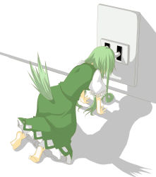 Rule 34 | 1girl, absurdres, all fours, bad feet, caved (touhou), charging, electric plug, electrical outlet, electrocution, ex-keine, feet, female focus, from behind, green hair, highres, horns, kamishirasawa keine, mini person, minigirl, shadow, solo, tail, to-hou eiyasyou, touhou