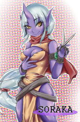 Rule 34 | 1girl, bad id, bad pixiv id, breasts, cleavage, colored skin, highres, horns, kress, league of legends, long hair, medium breasts, meme attire, open-chest sweater, pointy ears, ponytail, purple skin, scissors, single horn, soraka (league of legends), sweater, very long hair, yellow eyes