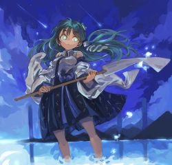 Rule 34 | 1girl, bare shoulders, blouse, blue bow, blue skirt, blue sky, bow, breasts, closed mouth, cloud, cloudy sky, collared shirt, commentary request, detached sleeves, frog hair ornament, gohei, green eyes, green hair, grey shirt, hair ornament, hair tubes, hands up, holding, kochiya sanae, konabetate, long hair, long sleeves, looking to the side, magic, medium breasts, mountain, night, night sky, shirt, skirt, sky, smile, snake hair ornament, solo, standing, star (sky), starry sky, touhou, water, wide sleeves