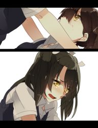 Rule 34 | 10s, 2girls, black hair, blush, brown hair, collared shirt, eye contact, girl on top, hair over one eye, kaga (kancolle), kantai collection, letterboxed, looking at another, lying, multiple girls, noda (yncoon), on back, open mouth, personification, ponytail, push down, shirt, tears, twintails, vest, white shirt, yellow eyes, yuri, zuikaku (kancolle)