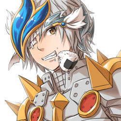 Rule 34 | 1boy, armor, bandage over one eye, breastplate, brown eyes, chainmail, commentary request, food, grey hair, grin, looking at viewer, male focus, natsuya (kuttuki), onigiri, pauldrons, ragnarok online, rune knight (ragnarok online), short hair, shoulder armor, simple background, smile, solo, spiked pauldrons, upper body, white background