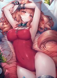 Rule 34 | 1girl, angelina (arknights), animal ear fluff, animal ears, arknights, armpits, arms up, bare arms, bare shoulders, blush, bracelet, breasts, chain, cleavage, closed mouth, commentary, covered navel, cowboy shot, curled fingers, fox ears, fox girl, fox tail, gluteal fold, highres, jewelry, leotard, light rays, looking at viewer, lying, medium breasts, necklace, official alternate costume, on back, one-piece swimsuit, orange hair, plant, red eyes, red leotard, red one-piece swimsuit, ring, shadow, skin tight, smile, snm (sunimi), solo, sparkle, swimsuit, tail, taut leotard, thighs, wide hips