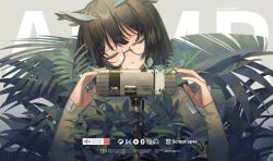 Rule 34 | 1girl, arknights, bob cut, brown hair, closed eyes, feather hair, glasses, microphone, microphone stand, norizc, pale skin, plant, silence (arknights), sleepy, solo, sweater