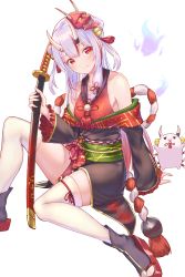 Rule 34 | 1girl, absurdres, bare shoulders, bell, black kimono, blush, collarbone, double bun, fang, frilled sleeves, frills, gore (white gore), grey hair, hair bell, hair bun, hair ornament, hair ribbon, hand on own chest, highres, hitodama, hololive, horns, japanese clothes, katana, kimono, long hair, long sleeves, looking at viewer, mask, mask on head, multicolored hair, nakiri ayame, nakiri ayame (1st costume), oni, pink hair, pom pom (clothes), poyoyo (ayame channel), purple shirt, red eyes, ribbon, rope, shimenawa, shirt, simple background, skin-covered horns, smile, solo, sword, tassel, tress ribbon, very long hair, virtual youtuber, weapon, white background