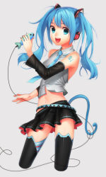 Rule 34 | 1girl, absurdres, ai kusunoki, aqua eyes, bad id, bad pixiv id, blue hair, cat tail, detached sleeves, fish, hatsune miku, headphones, highres, looking at viewer, microphone, midriff, nail polish, navel, necktie, open mouth, skirt, solo, tail, tattoo, thighhighs, twintails, vocaloid