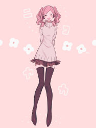 Rule 34 | 1girl, arms behind back, blush stickers, boots, closed eyes, flower, headphones, highres, long hair, long sleeves, maco22, open mouth, original, pink background, pink hair, skirt, smile, solo, sweater, thigh boots, translation request, twintails