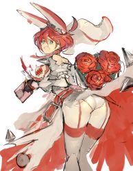 Rule 34 | 1girl, animal ears, aqua eyes, ass, rabbit ears, covering privates, covering breasts, elphelt valentine, flower, garter straps, gloves, guilty gear, guilty gear xrd, kureta (nikogori), open mouth, panties, red hair, rose, short hair, skirt, solo, tears, thighhighs, torn clothes, underwear