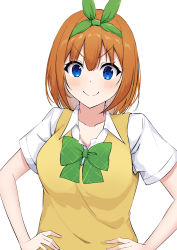 Rule 34 | 1girl, blush, bow, bowtie, closed mouth, collarbone, collared shirt, commentary, doyagao, go-toubun no hanayome, green bow, green ribbon, hair between eyes, hair ribbon, hands on own hips, highres, hometere, looking at viewer, medium hair, nakano yotsuba, orange hair, ribbon, shirt, short sleeves, simple background, smug, solo, split mouth, sweater, uniform, upper body, v-shaped eyebrows, white background, white shirt, yellow sweater