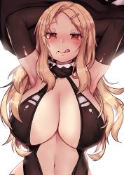 Rule 34 | 10s, 1girl, :q, armpits, arms behind head, arms up, black gloves, blonde hair, blush, breasts, cleavage, elbow gloves, gloves, hair ornament, hairclip, hat, heart, heart-shaped pupils, huge breasts, long hair, looking at viewer, midriff, mole, mole under mouth, naughty face, navel, osiimi, osiimi, red eyes, senran kagura, senran kagura shinovi versus, shiki (senran kagura), sidelocks, smile, solo, stomach, symbol-shaped pupils, tongue, tongue out, upper body, witch hat