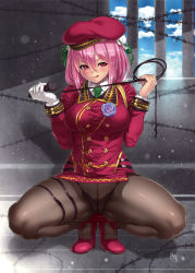 Rule 34 | 1girl, :q, alternate costume, bandages, barbed wire, black panties, black pantyhose, blush, bow, bow panties, breasts, bun cover, buttons, cameltoe, crotch seam, day, double bun, flower, full body, hair bun, hat, highres, houtengeki, ibaraki kasen, military, military uniform, naughty face, necktie, panties, panties under pantyhose, pantyhose, pink eyes, pink hair, red eyes, short hair, skirt, smile, solo, squatting, thighs, tongue, tongue out, touhou, underwear, uniform, upskirt, whip