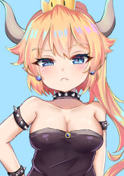 Rule 34 | 1girl, bare shoulders, black dress, blonde hair, blue background, blue eyes, blush, bowsette, bracelet, breasts, cleavage, closed mouth, collar, collarbone, commentary request, crown, dress, fang, fang out, hair between eyes, hand on own hip, high ponytail, horns, jewelry, long hair, looking at viewer, mario (series), medium breasts, mini crown, new super mario bros. u deluxe, nintendo, ponytail, satori (ymoy), simple background, solo, spiked bracelet, spiked collar, spikes, strapless, strapless dress, super crown, upper body