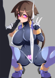 Rule 34 | 1boy, 1girl, aile (mega man zx), attack, black bodysuit, blue legwear, blush, bodysuit, bracelet, breasts, brown hair, cameltoe, cleft of venus, corruption, covered erect nipples, fellatio, glowing, glowing eyes, grey background, heart, heart-shaped pupils, highres, jacket, jewelry, large breasts, latex, looking at viewer, mega man (series), mega man zx, mega man zx advent, navel, nipples, oral, penis, pink eyes, ponytail, robot ears, semikichi, short hair, sillouette, spandex, standing, symbol-shaped pupils, v