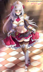 Rule 34 | 1girl, :o, abs, absurdres, adapted costume, alternate hair length, alternate hairstyle, armor, armored boots, black thighhighs, blush, boots, breasts, checkered floor, cleavage, clothes lift, flower, gauntlets, genshin impact, green eyes, hair flower, hair ornament, highres, indoors, large breasts, long hair, looking at viewer, maid, maid headdress, midriff, navel, noelle (genshin impact), patreon username, pauldrons, red flower, red rose, red skirt, rose, shoulder armor, signature, silver hair, skirt, solo, sunlight, thigh boots, thighhighs, vilde loh hocen, white footwear