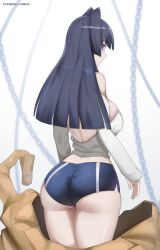 Rule 34 | 1girl, 2023, ass, bare shoulders, blue eyes, blue hair, blue shorts, blurry, blurry background, breasts, buruma, chain, curvy, depth of field, from side, highres, hololive, hololive english, large breasts, long hair, long sleeves, looking at viewer, looking back, o22no, ouro kronii, shorts, sideboob, solo, standing, thick thighs, thighs, underwear, virtual youtuber