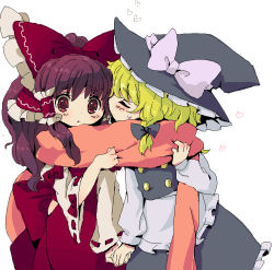 Rule 34 | 2girls, bad id, bad pixiv id, blonde hair, female focus, hakurei reimu, hat, holding hands, ica, japanese clothes, kirisame marisa, miko, multiple girls, oekaki, perfect cherry blossom, scarf, shared clothes, shared scarf, touhou, white background, witch, witch hat, yuri