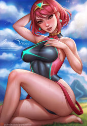 Rule 34 | 1girl, arm behind head, aroma sensei, artist name, ass, barefoot, black one-piece swimsuit, blue sky, blush, breasts, cloud, competition swimsuit, deviantart username, earrings, feet, highres, jewelry, large breasts, nintendo, one-piece swimsuit, outdoors, patreon username, pyra (pro swimmer) (xenoblade), pyra (xenoblade), red eyes, red hair, sky, smile, solo, swept bangs, swimsuit, thighs, watermark, web address, wet, xenoblade chronicles (series), xenoblade chronicles 2
