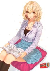 Rule 34 | 1girl, bad id, bad pixiv id, black socks, blonde hair, blue skirt, book, breasts, brown eyes, closed mouth, collarbone, collared shirt, cushion, feet out of frame, food, frilled skirt, frills, grey shirt, hair between eyes, heart, heart necklace, holding, holding book, jewelry, kneehighs, lips, lloule, long sleeves, looking at viewer, medium breasts, medium hair, mouth hold, necklace, on lap, open book, original, pocky, shirt, sitting, skirt, smile, socks, solo, sparkle, wing collar
