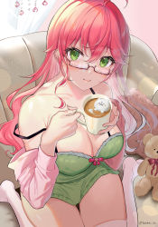 Rule 34 | 1girl, 35p (sakura miko), ahoge, alternate costume, bespectacled, black-framed eyewear, blush, breasts, camisole, cleavage, closed mouth, commentary, couch, cup, curtains, day, drink, full body, glasses, green camisole, green eyes, hair between eyes, highres, holding, holding cup, holding drink, hololive, hua shu tenma, indoors, lens flare, long hair, looking at viewer, looking over eyewear, medium breasts, pink hair, sakura miko, semi-rimless eyewear, sitting, smile, solo, steam, strap slip, stuffed animal, stuffed toy, sunlight, teddy bear, thighhighs, thighs, twitter username, virtual youtuber, wariza, white thighhighs