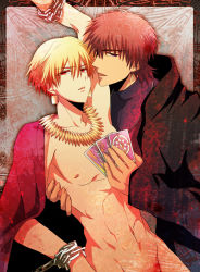 Rule 34 | 2boys, bad id, bad pixiv id, blonde hair, brown eyes, brown hair, cape, card, chain, earrings, fate/zero, fate (series), gilgamesh (fate), jewelry, kotomine kirei, male focus, multiple boys, naked cape, necklace, red eyes, tarot, tarot (medium), uka (color noise), yaoi