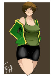Rule 34 | 1girl, artist request, bare shoulders, bike shorts, bob cut, breasts, brown eyes, brown hair, cleavage, cowboy shot, cropped legs, curvy, hands in pockets, highres, jacket, karipo, medium breasts, off shoulder, open clothes, open jacket, persona, persona 4, satonaka chie, short hair, smile, solo, standing, tank top, thick thighs, thighs, track jacket