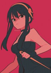 Rule 34 | 1girl, artist name, bare shoulders, belt, black belt, black choker, black dress, black eyes, black gloves, black hair, breasts, choker, closed mouth, dagger, dress, flower, gloves, hair between eyes, hair flower, hair ornament, hairband, hand up, highres, holding, holding weapon, knife, looking at viewer, medium breasts, menma (enaic31), orange flower, orange hairband, orange rose, pink background, rose, short hair, short hair with long locks, simple background, sleeveless, sleeveless dress, solo, spy x family, stiletto (weapon), teeth, watermark, weapon, yor briar