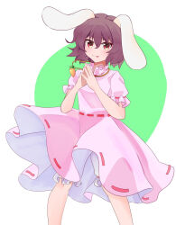 Rule 34 | 1girl, :p, animal ears, bloomers, brown hair, carrot necklace, commentary request, dot nose, dress, feet out of frame, floppy ears, green background, hand up, highres, inaba tewi, jewelry, legs apart, light blush, looking at viewer, necklace, petite, pink dress, puffy short sleeves, puffy sleeves, rabbit ears, red eyes, short hair, short sleeves, simple background, solo, standing, steepled fingers, tongue, tongue out, touhou, underwear, white background, yoihebi
