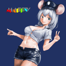 Rule 34 | 1girl, :d, animal ear fluff, animal ears, blue background, blue hat, blue shorts, breasts, buttons, cleavage, collarbone, collared shirt, copyright name, cowboy shot, cropped shirt, cutoffs, double-parted bangs, dress shirt, genderswap, genderswap (mtf), grey eyes, grey hair, hat, highres, mappy, mappy (character), medium breasts, minamoto80486, mouse ears, mouse girl, navel, open fly, open mouth, personification, police hat, rainbow text, ringed eyes, shirt, short hair, shorts, simple background, smile, solo, white shirt